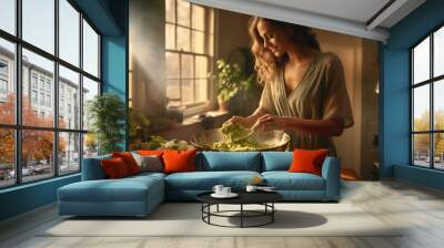 A woman is seen in a kitchen, busy preparing a salad. This image can be used to showcase healthy eating, cooking, and food preparation. Wall mural