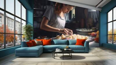 A woman preparing food in a kitchen. Suitable for culinary concepts Wall mural