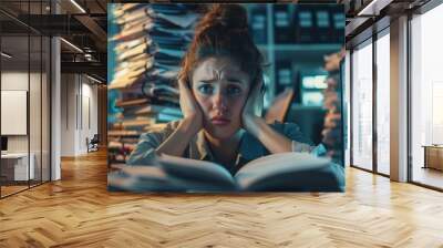 A woman sitting in front of two computer monitors. Suitable for technology and work concepts Wall mural