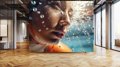 A woman wearing an orange swim suit is submerged underwater. This image can be used to depict swimming, water sports, or a tropical vacation Wall mural