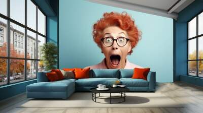 A woman with a surprised expression on her face. Perfect for conveying shock, surprise, or disbelief. Ideal for use in blog posts, articles, or social media content to capture attention and engage rea Wall mural