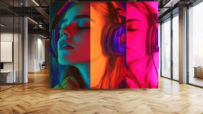 A woman with headphones on and a jacket wearing, suitable for various scenarios Wall mural