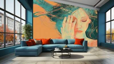 A woman with her hands covering her face. Suitable for mental health or stress concept Wall mural