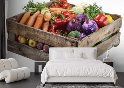 A wooden crate filled with various vegetables Wall mural