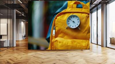 A yellow backpack with a clock attached. Perfect for time management concepts Wall mural