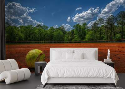 A yellow softball sits atop a well-manicured baseball field, perfect for a game or practice session Wall mural