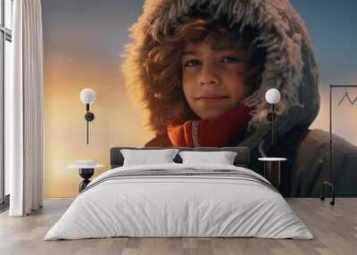 A young boy is pictured wearing a hooded jacket and mittens. This image can be used to depict a child in cold weather or for winter-themed designs Wall mural