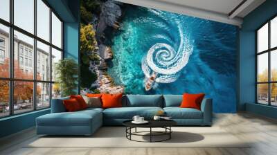 Aerial view of a boat floating in the water. Suitable for travel and transportation concepts. Wall mural