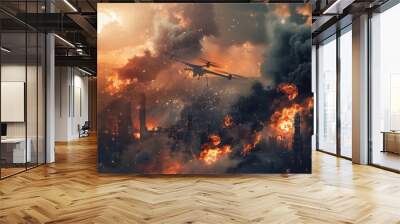 Aerial view of a city engulfed in flames. Suitable for disaster or apocalypse themed projects Wall mural