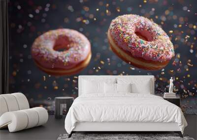 Aerial view of two doughnuts suspended in mid-air, perfect for advertising or editorial use Wall mural