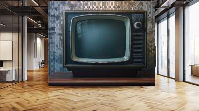 An old television sitting on top of a wooden table. Perfect for retro or vintage themed designs Wall mural