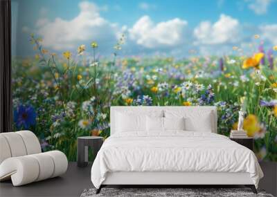 Beautiful field of flowers with clear blue sky background. Ideal for nature and outdoor concepts Wall mural