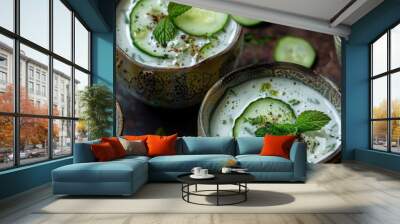 Close up of a bowl of food with fresh cucumbers, suitable for food and healthy eating concepts Wall mural