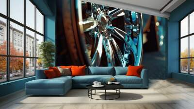 Close up of a car wheel on a street. Great for automotive or transportation concepts Wall mural