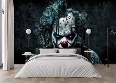 close-up of a horror clown on a dark background. AI generated Wall mural