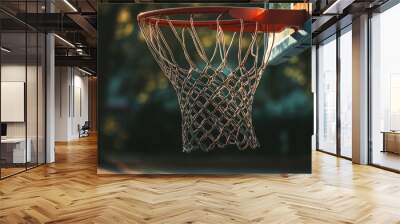 Close-up shot of a basketball hoop with net, suitable for sports or fitness themed projects Wall mural