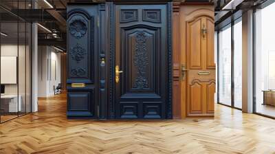 Close-up shot of a wooden door with a black and brown finish Wall mural