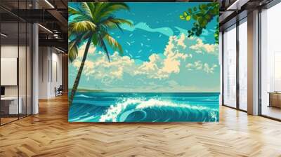 Coastal landscape with palm trees and ocean waves Wall mural