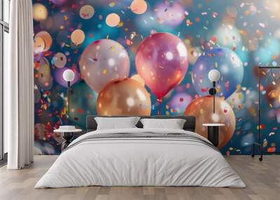 Colorful balloons and confetti against a bright blue background, perfect for celebrations and parties Wall mural