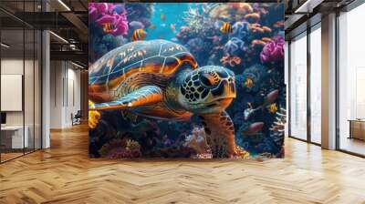 Colorful coral reef scene with a turtle swimming Wall mural