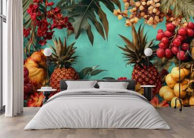 Colorful fruits arranged on a bright blue surface Wall mural