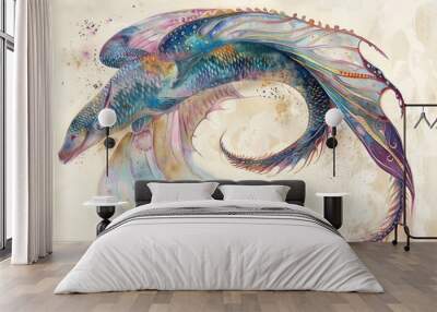 Colorful watercolor painting of a fish with a long tail, perfect for aquatic themes or nature illustrations Wall mural