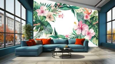 Colorful wreath of tropical leaves and flowers on white background. Perfect for summer designs Wall mural