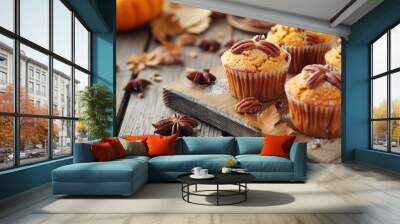 Delicious cupcakes with frosting on a wooden board. Perfect for bakery or dessert concept Wall mural