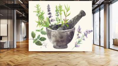 Detailed painting of a mortar filled with various herbs. Suitable for culinary and herbal medicine concepts Wall mural