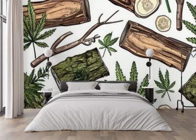 Different types of marijuana leaves, suitable for cannabis-related designs Wall mural