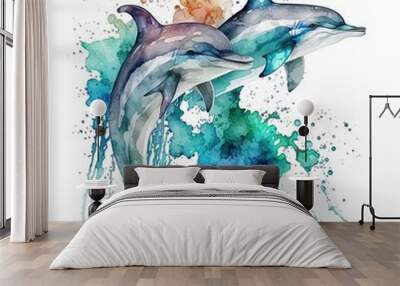 dolphins drawn with watercolors isolated on white background. Generated by AI. Wall mural