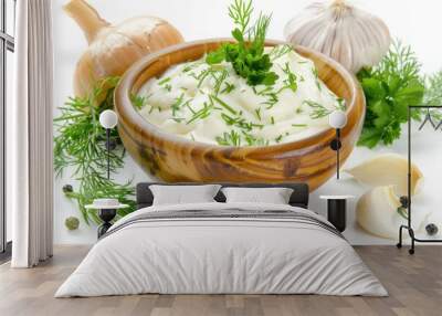 Fresh cream and herbs in a rustic wooden bowl Wall mural