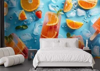 Fresh orange slices and ice cubes on a vibrant blue background. Perfect for summer beverage or citrus-themed designs Wall mural