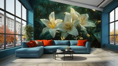 Fresh white flowers glisten with water droplets, great for beauty and wellness themes Wall mural