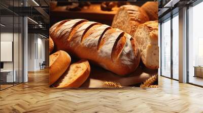 Freshly baked bread on rustic table, ideal for food blogs Wall mural