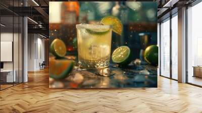 Freshly squeezed lime juice and slices garnish a glass of drink on a wooden table Wall mural