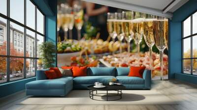 Glasses of champagne arranged on a table. Perfect for celebrations and events Wall mural