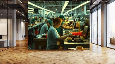 Group of people working on assembly line in a modern factory Wall mural