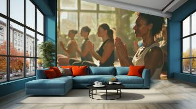 Group of women sitting in a yoga pose, suitable for wellness and lifestyle concepts Wall mural