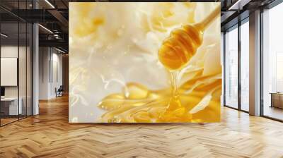 Honey dripping from a wooden spoon, ideal for food and cooking concepts Wall mural