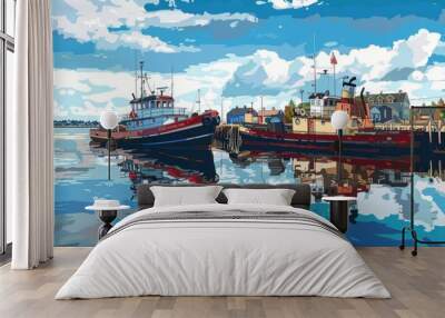 Image of two boats docked in a harbor, suitable for travel brochures or maritime themed designs Wall mural