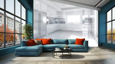 Kitchen interior with white walls, refrigerator, and natural light from the window Wall mural