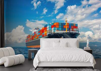 Large container ship sailing on open ocean waters Wall mural