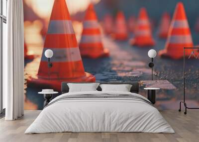 Orange and white cones arranged on a road, suitable for traffic control or construction purposes Wall mural