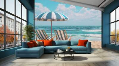 Relaxing scene with two chairs and an umbrella on the beach. Perfect for travel and vacation concepts Wall mural