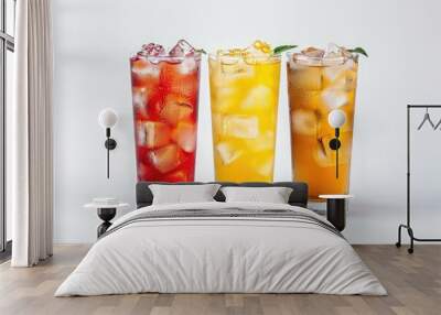 Row of three glasses with various beverages. Ideal for food and drink concepts Wall mural