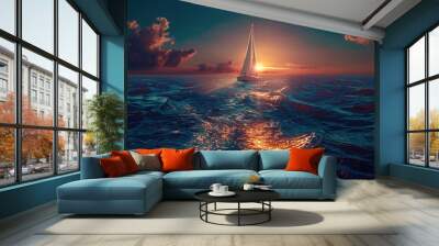 Sailboat sailing in the ocean at sunset, perfect for travel and adventure concepts Wall mural