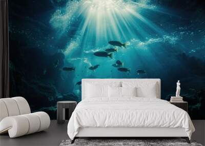 School of fish swimming together in an underwater cave, great for nature and aquatic scenes Wall mural