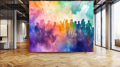 Silhouettes of a group of people standing against a vibrant and colorful background. Perfect for various projects and designs Wall mural