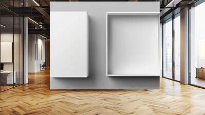 Simple and versatile image of two empty white boxes on a neutral gray background. Ideal for showcasing products or concepts. Wall mural